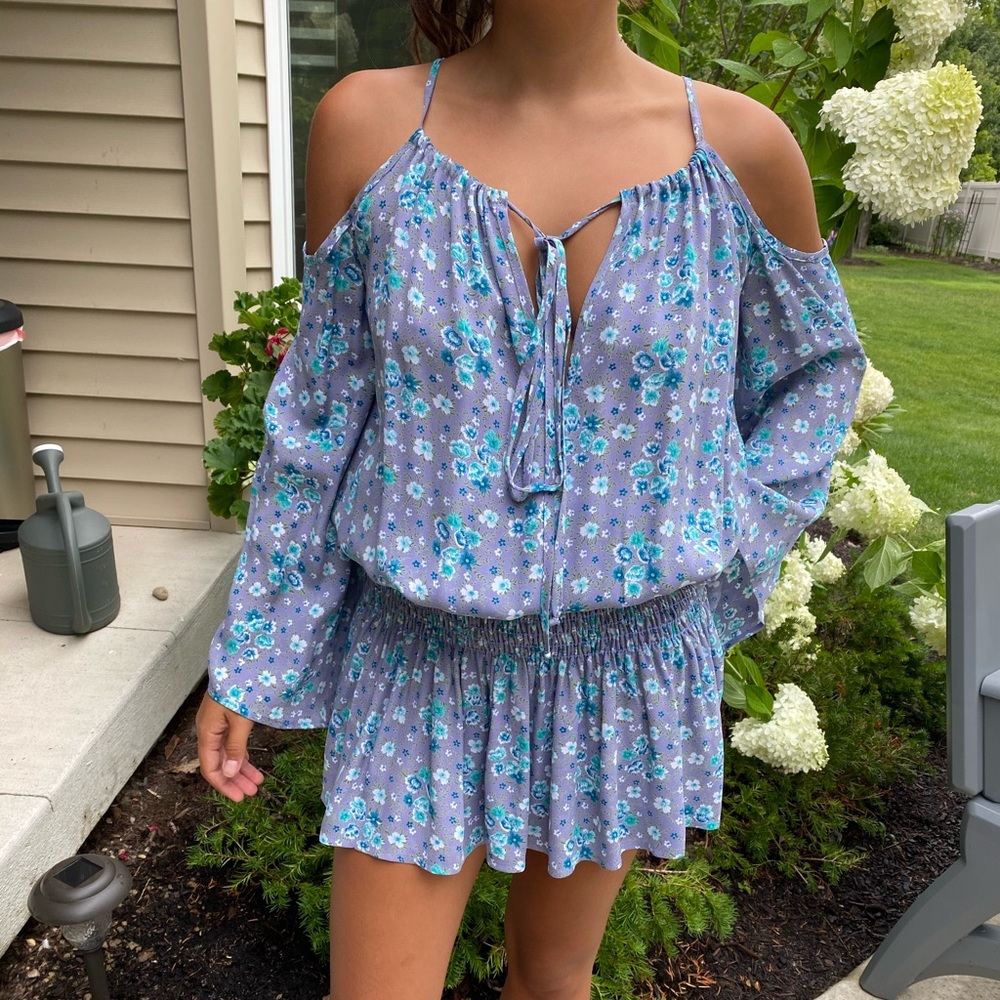 Blu Moon Light Purple w Blue Flowers flowy blouse